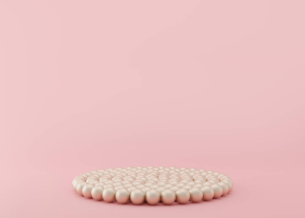 Podium with pearls on the pink background. Elegant podium for product, cosmetic presentation. Luxury mock up. Pedestal or platform for beauty products. Empty scene. 3D rendering. - Photo, Image