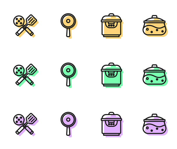 Set line Slow cooker, Spatula, Frying pan and Cooking pot icon. Vector - Vector, Image