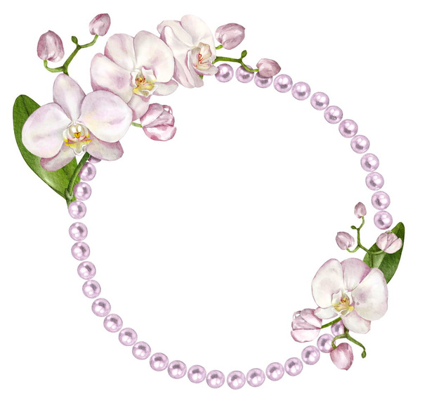 Elegant round pearl frame with orchid. Isolated on white - Valokuva, kuva