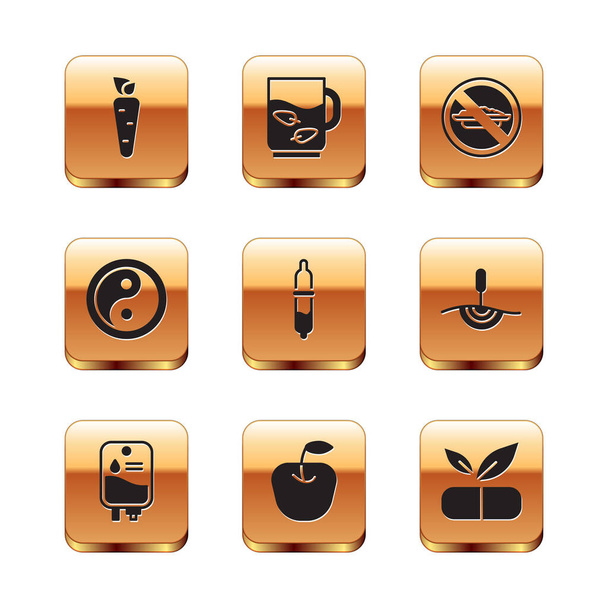 Beállítás sárgarépa, IV zsák, Apple, Pipette, Yin Yang, Étel nélkül diéta, Orvosi pirula növény és csésze tea és levél ikon. Vektor - Vektor, kép