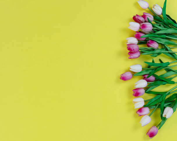Paskalya veya Anneler Günü tatil sezonu konsepti için parlak sarı bir zemin üzerinde renkli lale çiçeklerinin sağ kenarı.   - Fotoğraf, Görsel