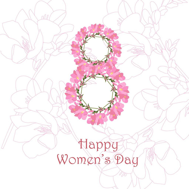 Happy Womens Day banner. 8 pink fresia flowers art design stock vector illustration for web, for print - Vetor, Imagem