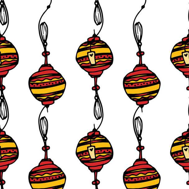 Vintage vector illustration A pattern of a round Chinese lantern in red and yellow colors. Seamless pattern of a simple Japanese street lamp painted in doodle style, red with yellow lines on white for a template. - Вектор, зображення