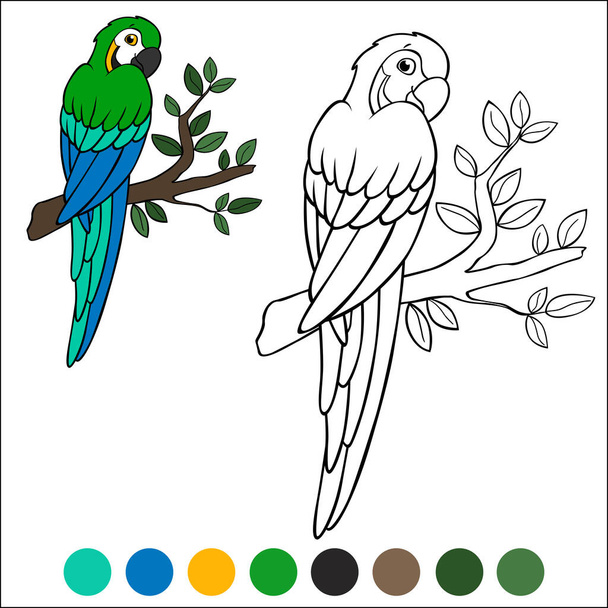 Coloring page birds. Cute happy parrot yellow macaw sits on the branch and smiles. - Vettoriali, immagini