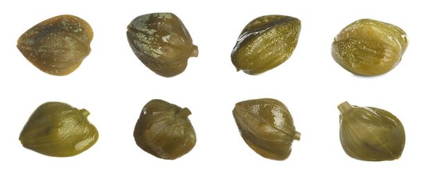 Set with pickled capers on white background. Banner design - Photo, image