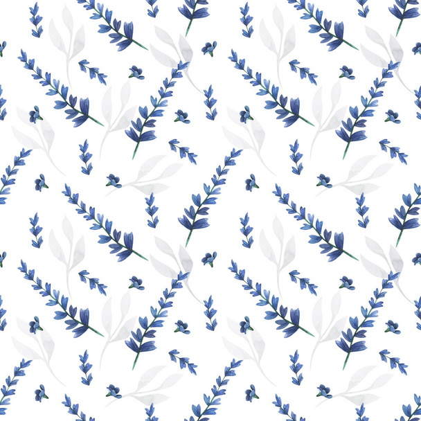 watercolor floral seamless pattern. Simple small blue flowers . Subtle ornament. Elegant design for decor, fabric - Photo, Image