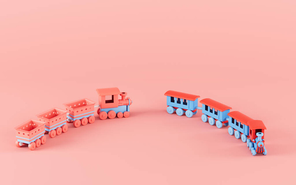 Cartoon trains with pink background, 3d rendering. Computer digital drawing. - Fotoğraf, Görsel