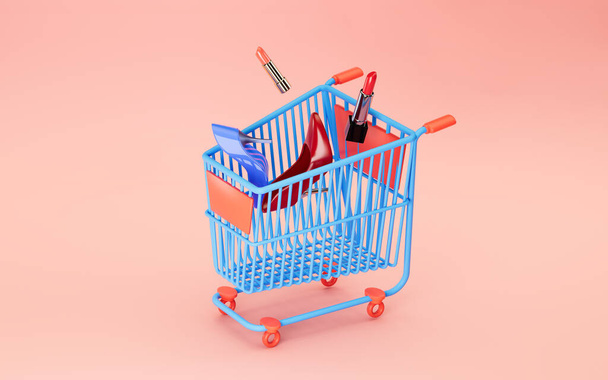 Shopping cart and high heeled shoes, 3d rendering. Computer digital drawing. - Fotó, kép