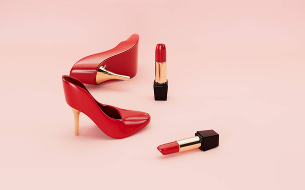 Lipsticks and high heels with pink background, 3d rendering. Computer digital drawing. - Fotó, kép