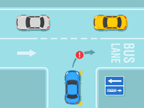 Κανόνες οδήγησης και ρύθμισης της κυκλοφορίας. Μπλε αυτοκίνητο sedan είναι έτοιμος να στρίψει δεξιά σε μια λωρίδα λεωφορείου. Πινακίδα λωρίδας λεωφορείου. Επίπεδο πρότυπο εικονογράφησης διανύσματος. - Διάνυσμα, εικόνα