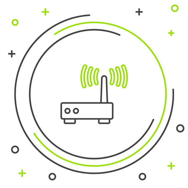 Router liniowy i ikona sygnału wi-fi izolowana na białym tle. Bezprzewodowy router modemu ethernetowego. Internet technologii komputerowych. Kolorowy koncept. Wektor - Wektor, obraz