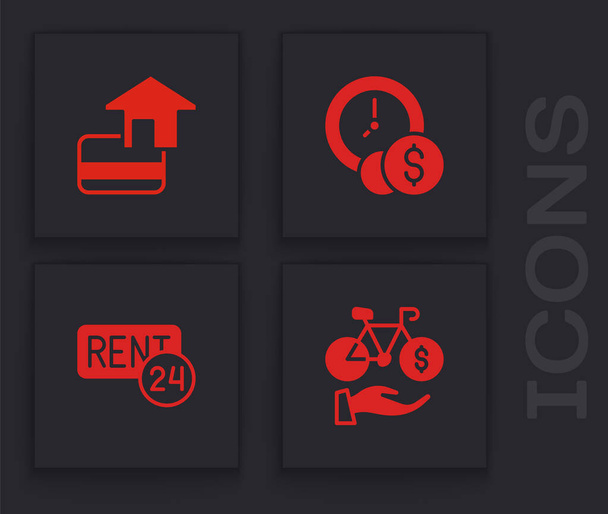自転車レンタルモバイルアプリ、クレジットカード、時間はお金とレンタルアイコンを設定します。ベクトル - ベクター画像