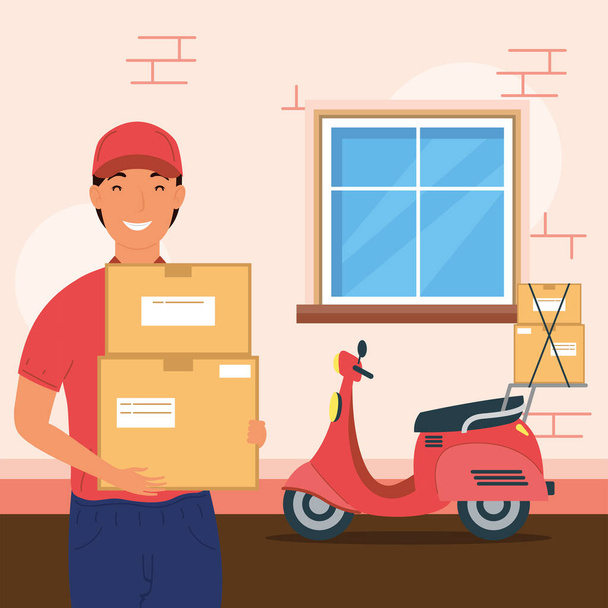 courier with boxes and motorcycle - Vector, Image
