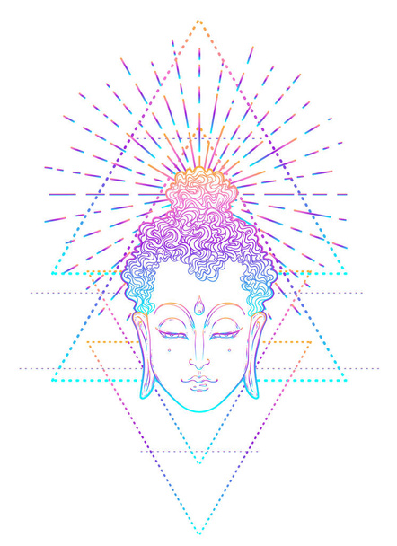 Buddha face over ornate mandala round pattern. Esoteric vintage vector illustration. Indian, Buddhism, spiritual art. Hippie tattoo, spirituality, Thai god, yoga zen - Διάνυσμα, εικόνα