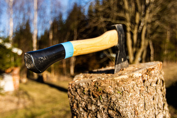 Axe cut into wood log after chopping firewood - Фото, изображение