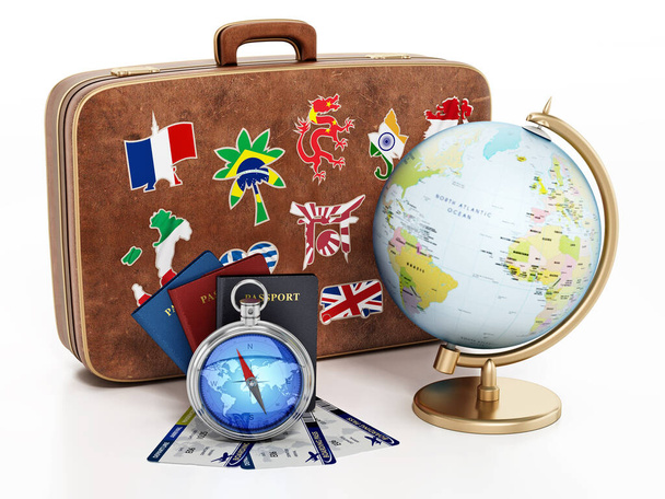 Globe model, compass,passports, tickets on the suitcase. 3D illustration. - Foto, afbeelding