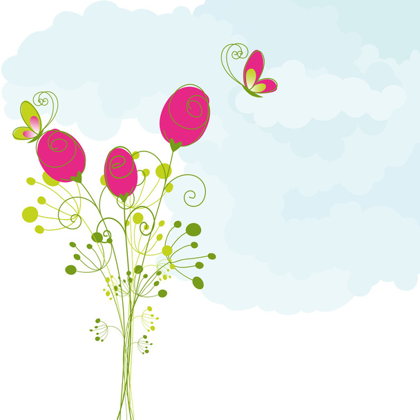 Springtime colorful butterfly red rose greeting card - Vektor, obrázek