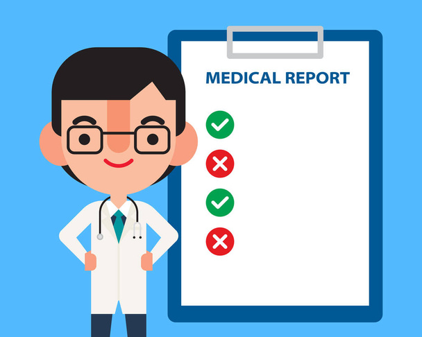 Design plat dessin animé médecin présentant sur fichier emtpy espace de rapport médical. Illustration vectorielle - Vecteur, image