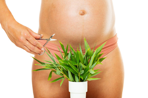 Concept of issues with shaving as pregnant - woman holding scissors and about to cut a bush - Foto, Imagen