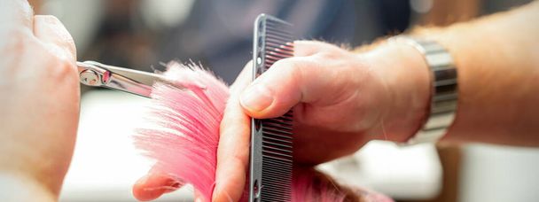 Woman having a new haircut. Male hairstylist cutting pink hair with scissors in a hair salon, close up - Foto, Imagem