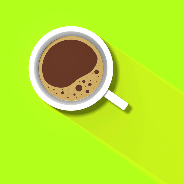 eine weiße Tasse Kaffee auf gelbem Hintergrund. langer Schatten vom Pokal. belebendes Getränk. Quadratisches Bild. 3D-Bild. 3D-Rendering. - Foto, Bild