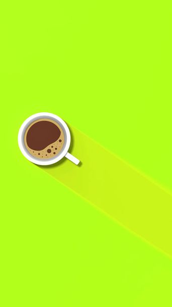 a white cup of coffee on yellow background. long shadow from cup. invigorating drink. Vertical image. 3D image. 3D rendering. - Photo, image