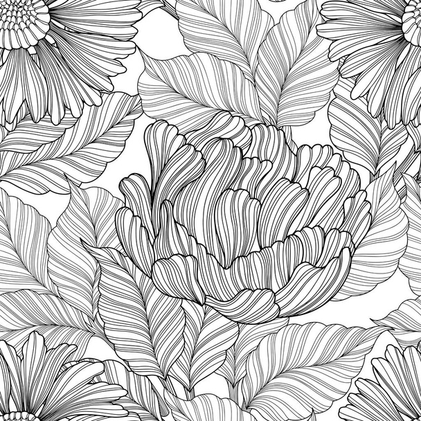 Pattern with flowers and leaves. Vector hand drawn - Vektor, kép