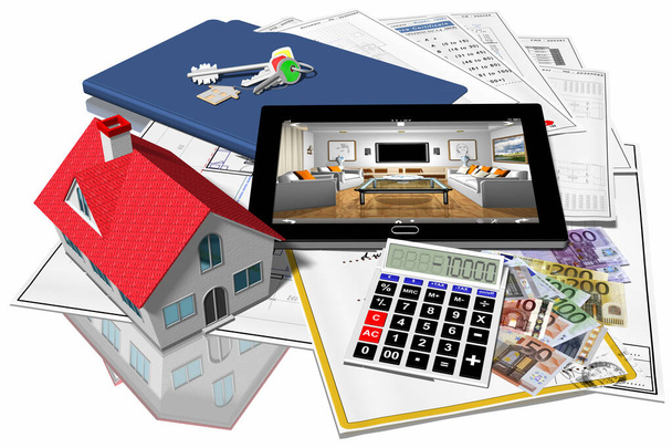 3D ilustrace. Nákup domů, prodej. Symbol domu v nákupu, prodeji, s dokumenty a vlastními klíči - Fotografie, Obrázek