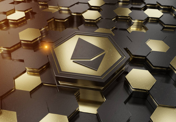 Concepto de icono de Ethereum grabado sobre fondo pedestal hexagonal de oro y metal negro. Crypto símbolo de moneda que brilla en la superficie digital abstracta. renderizado 3d - Foto, imagen