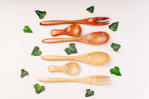 Wooden cutlery for reusable use.Environmental protection concept.made of natural materials.Plastic free.Set of eco friendly bamboo eating ,wooden cutlery.Zero waste traveling set.Sustainable lifestyle - Photo, Image