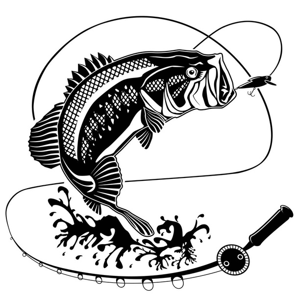 Vector illustration of prerch fish and fishing rod. Vector illustration can be used for creating logos and emblems for fishing clubs, prints, web and other crafts. - Vector, Image