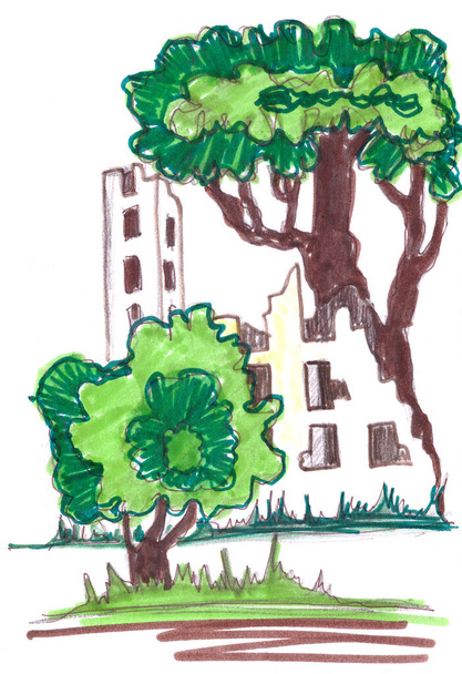 Paisaje post-apocalíptico destruido edificios y árboles, dibujo gráfico. ilustración de alta calidad - Foto, Imagen