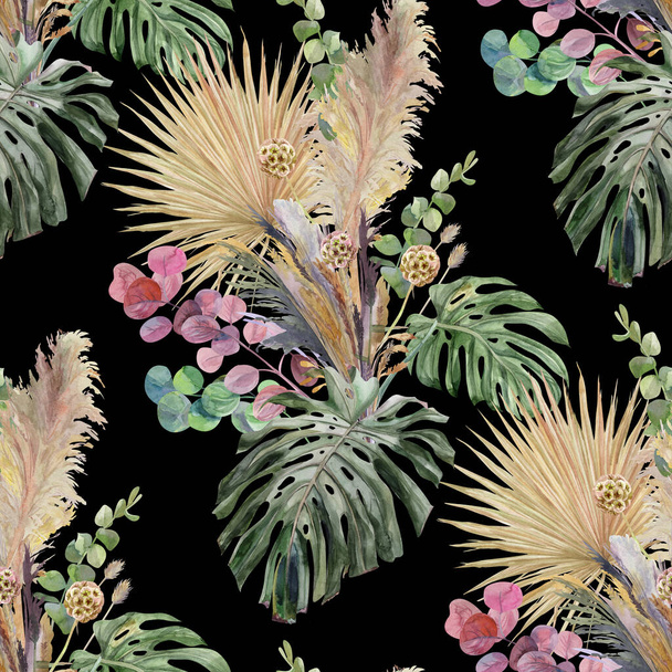 Seamless watercolor botanical pattern with dry bouquet of palm and monstera leaves on black background - Fotó, kép