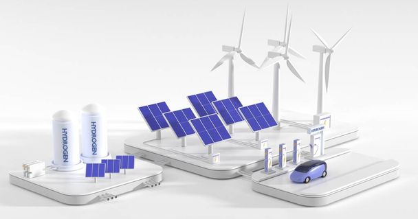 Hydrogen gas and electric charger station with future car and renewable energy sources, wind turbines, solar panels, battery and tank containers. Isometric 3d render illustration fuel cell vehicle - Φωτογραφία, εικόνα