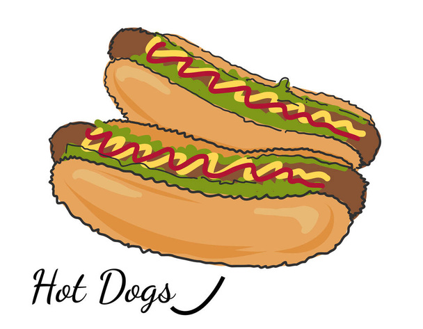 Ein appetitanregender Hot Dog Leckere saftige Hot Dogs oder Frankfurter mit Wurst, Ketchup, Mayonnaise, Senf und Salatblättern. Amerikanisches Fast Food im Doodle-Stil. Ansicht von oben. - Vektor, Bild