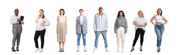 Set of different, multi ethnic people, men and women standing isolated over white background, Horizontal flyer, banner. Models in casual clothes - Foto, afbeelding