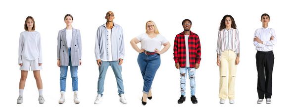 Set of different, multi ethnic people, men and women standing isolated over white background, Horizontal flyer, banner. Models in casual clothes - Фото, изображение