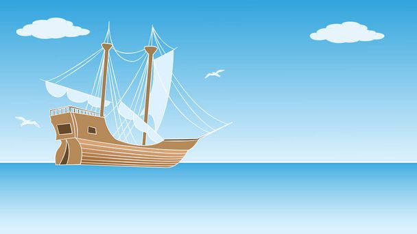 historical wooden schooner with sails sailing on the ocean. Happy Columbus Day greeting card, Vector illustration, cartoon. - Vector, Image