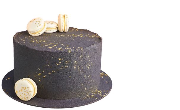Musta velour Velvet Tekstuuri kakku valkoinen makaronit ja kulta valkoinen tausta - Valokuva, kuva