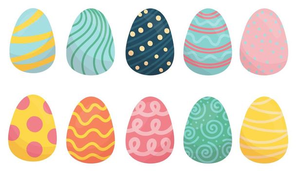シンプルなパターンのカラフルな装飾イースターの卵のセット、白い背景に隔離されたフラットスタイルのかわいいベクトル要素 - ベクター画像