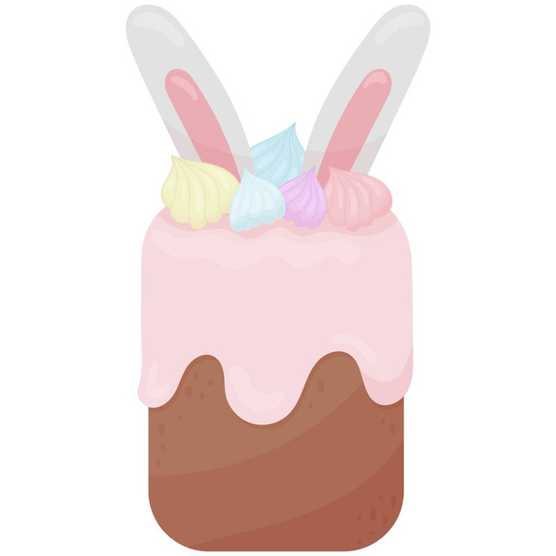 bolo de Páscoa tradicional com gelo rosa, merengue e orelhas de coelho, bonito elemento vetorial de estilo plano isolado no fundo branco - Vetor, Imagem
