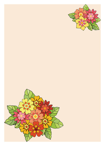 Rectangular template frame, decorated at the corners with spring primrose flowers. Bright colorful bouquets on a white beige background. Place for your text. - Vektor, Bild
