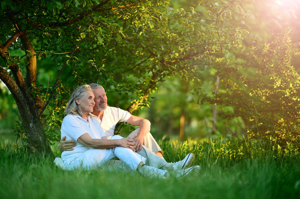 happy senior couple possing in park - Фото, изображение