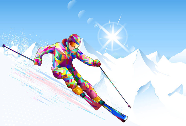 Um esquiador desce em esquis contra o fundo do céu, picos de montanha cobertos de neve e o sol. Esquiador em uma encosta nevada. - Vetor, Imagem