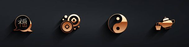 Set Chinese New Year, Yuan currency, Yin Yang symbol and tea ceremony icon with long shadow. Vector - Vector, Image