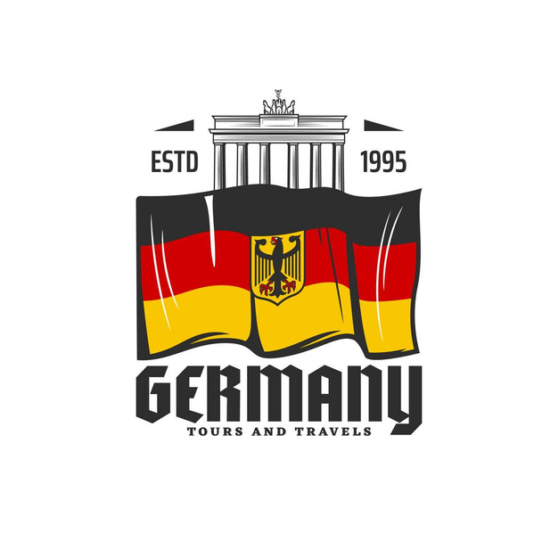 Σημαία Γερμανίας, ορόσημο ταξιδιού Βερολίνου, διάνυσμα Πύλη Βρανδεμβούργου. Γερμανικός τουρισμός, ιστορία και πολιτισμός, περιηγήσεις στην πόλη στο Βερολίνο, Γερμανική αρχιτεκτονική και σημαία με egale crest - Διάνυσμα, εικόνα