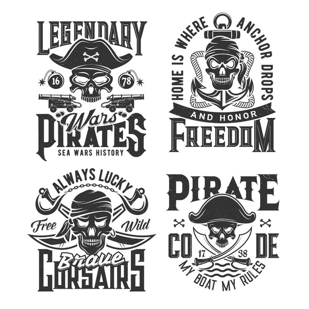 Pirate or buccaneers skulls t-shirt prints. Apparel custom print vector template with filibuster or corsair skulls in tricorne hat and bandana, crossed pirate sabers, cannons and grenades, anchor - Vector, afbeelding