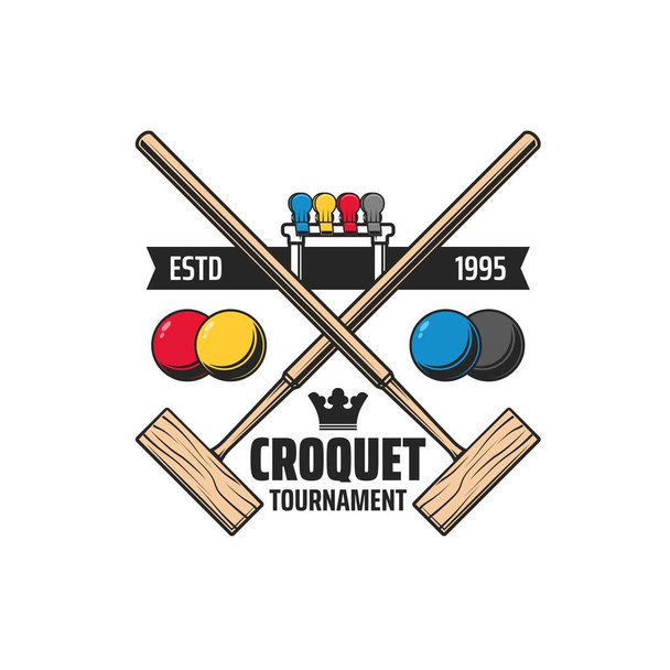 Croquet sport gekruist houten hamers pictogram met vector ballen, wicket of hoepel en kleurrijke speler clips. Croquet court, sportclub, kampioenschap, toernooi match geïsoleerd embleem of symbool ontwerp - Vector, afbeelding
