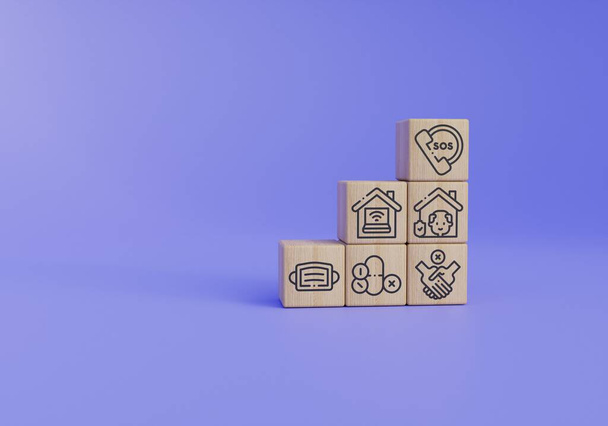 3D render. Three vertically standing wooden blocks. Front view. The Coronavirus Prevention icons are displayed in the blocks. Gradient background. - Photo, Image