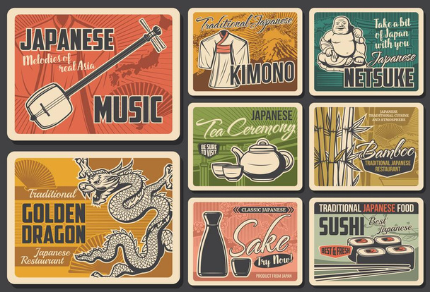 Utazás Japánba vektor retro plakátok, japán kultúra és hagyomány. Ázsiai híres látnivalók, városnézés és látnivalók hangszerek, étterem, tea szertartás, sushi bár, hagyományos kimono - Vektor, kép